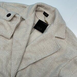 Lola Made In Italy Women's Double Breasted Chevron Long Coat, Size S/M, Panna